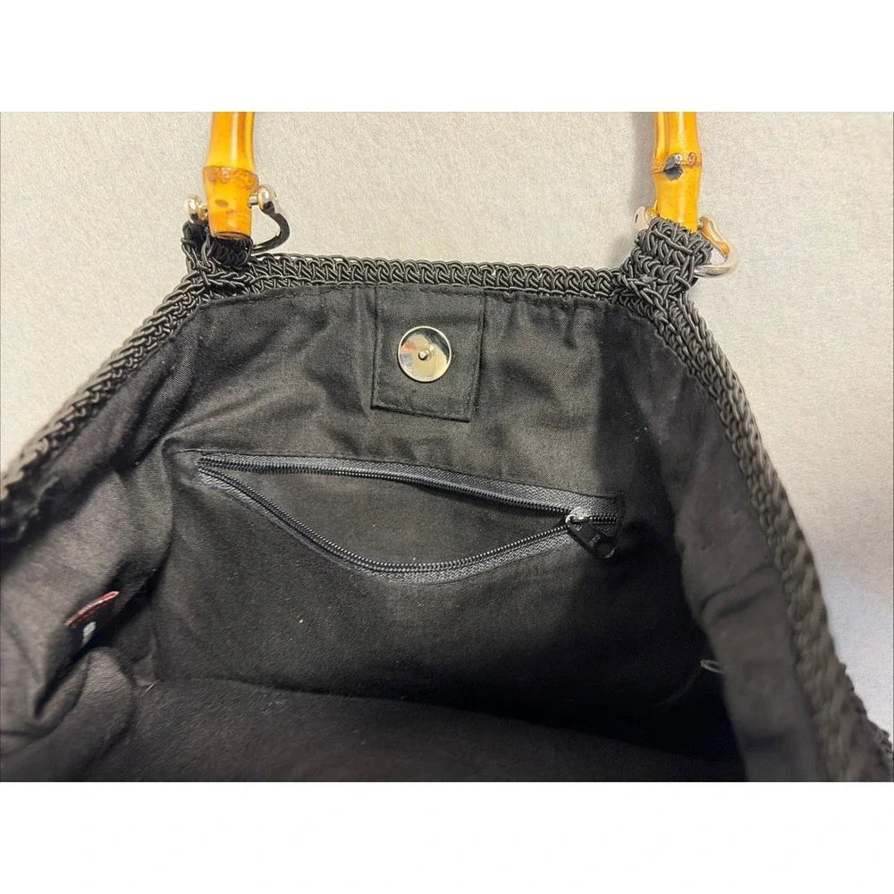 Black Woven Purse With Bamboo Handles, Slouchy Summer Boho